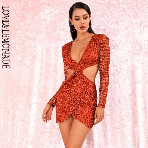 LOVE&LEMONADE Sexy Orange Deep V-neck Open back Cross glitter glued Material Slim Fit Party Dress LM82065