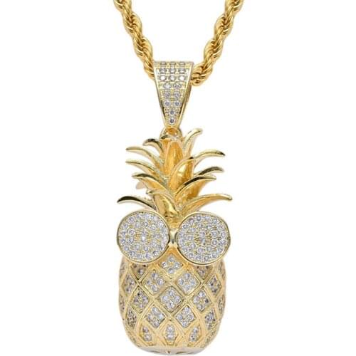 Fashion Hip Hop Jewelry 3D Effect Fruit Pineapple Pendant Rope Chain Necklace Collar Iced Out CZ Stone Pendant Bijouterie Homme