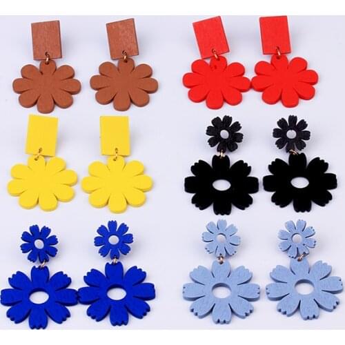 Fashion Korean Earrings for Women Dangle Red Yellow Blue Trendy Jewelry Drop Statement Colorful Flower Wooden Earrings Gifts