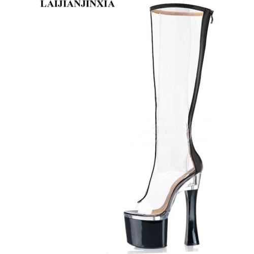 LAIJIANJINXIA New Clubbing Pole Dancing Shoes Knee High Boots 7 inch High Heel Shoes Fashion Sexy Long Zip Platform Women Boots