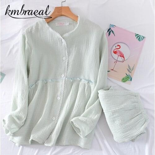 Pajamas Woman Summer Spring and Autumn Cotton Crepe Lace Thin Lingerie Long Sleeve Trousers 2 Piece Set Home Wear Nightie Ladies