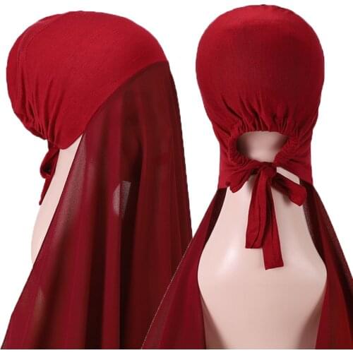 Popular Muslim HIjab Scarf with Cap Bubble Solid Color Heavy Chiffon Hijab With Bonnet Elastic Rope Free Use Style Shawls Wraps