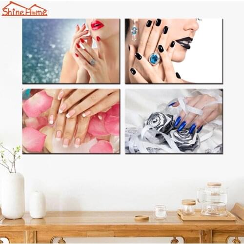 ShineHome-4pcs Wall Art Canvas Painting Printing Makeup Nail Lipstick Spa Yoga Body Salon Massage Bright Modular Picture Prints