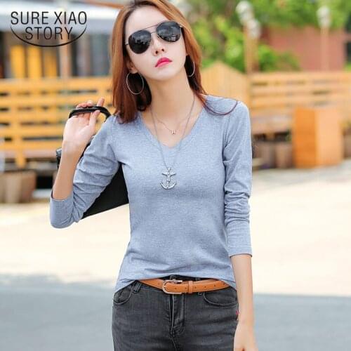 Plus Size V-neck T-shirt 2021 Autumn Long Sleeve Shirt Women Cotton Slim Korean Slim Fit Solid Casual Office Lady Clothes 10628