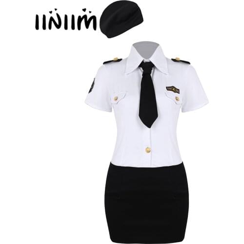 Womens Adults Police Officer Policewoman Uniform Fancy Cosplay Costumes White Turn-down Collar Shirt with Mini Bodycon Skirts