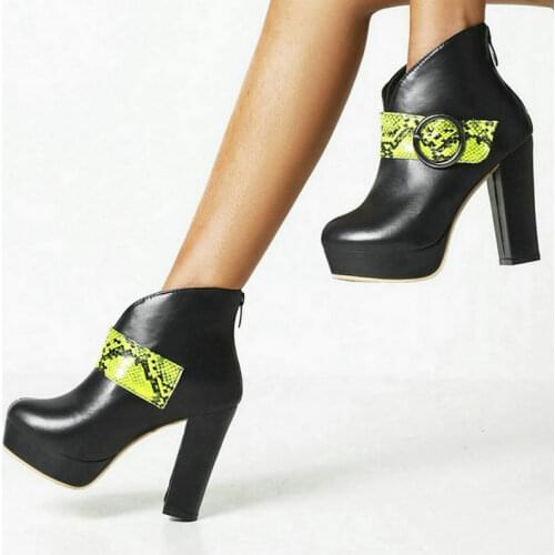 2021 Autumn Winter Women Ankle Boots Platform Square High Heel Ladies Short Boots Fashion Buckle Round Toe Womens Boots Big Siz