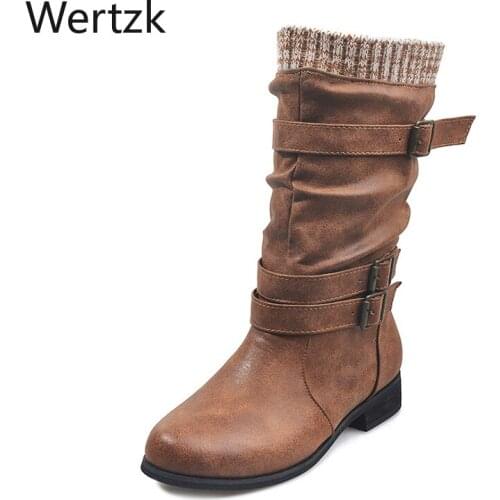Wertzk Women Mid Calf Boots Knitted 2020 Winter Buckle Strap PU Chunky Heels Woman Slip On Retro Boots Ladies Casual Footwear