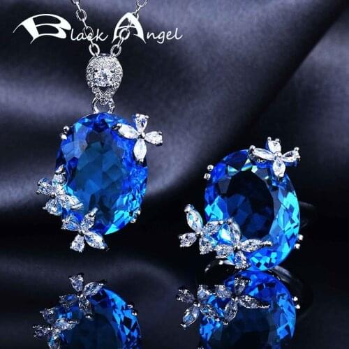 BLACK ANGEL 925 Silver Insect Jewelry Sets For Women Inlaid Blue Gemstone Butterfly Pendant Necklace Adjustable Ring Party Gift