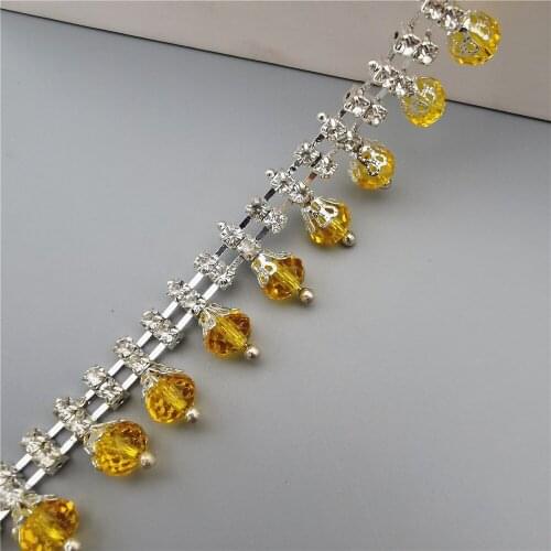 1 yard Silver Rhinestone Crystal Chain Gemstone Saffron Glass Drop Collar Trim Crystal Wedding Dress Necklace Decoration W: 20mm