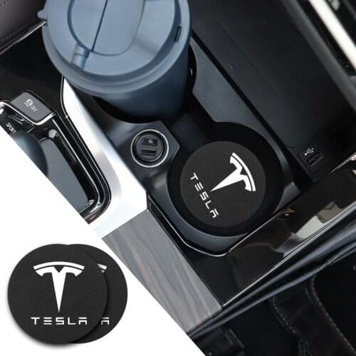 2Pcs Car Cup Mat PU Leather Auto Cup Slot Non-Slip Coaster For Tesla Model 3 Model X Model S