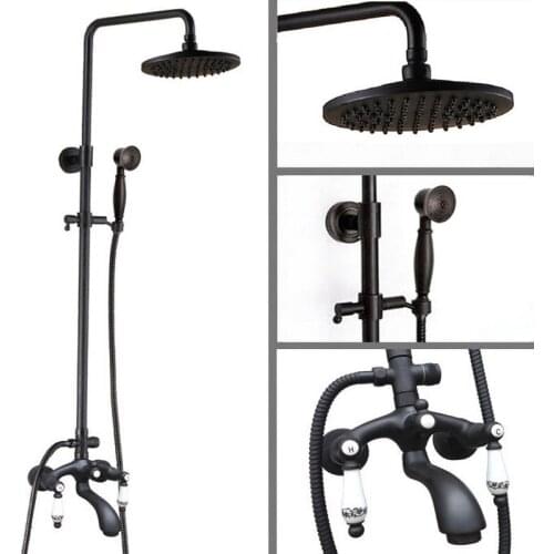 Black Oil Rubbed Bronze Wall Mounted Bathroom 8 Inch Rainfall Shower Faucet Set Bath Tub Water Tap Dual Ceramics Handles ahg135
