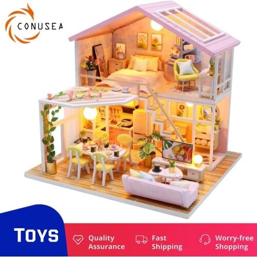 DIY Wooden Miniature Dollhouse Handmade Furnitures Lights Doll House Model Building Holiday Times Toys For Children Adult