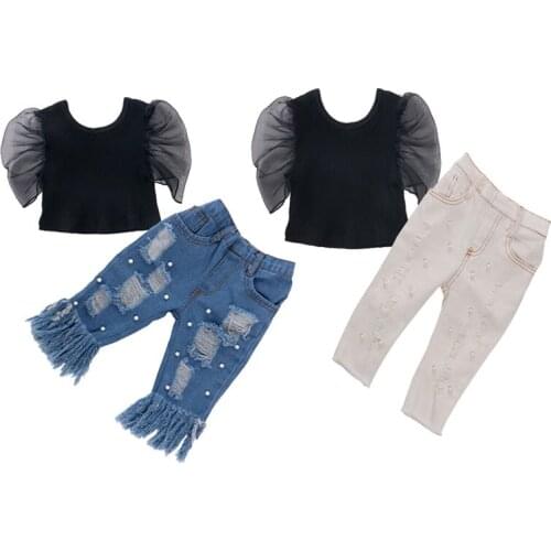 Lioraitiin 2Pcs Set 0-5Years Toddler Baby Girl Fashion Clothing Set Off Shoulder Lace Short Sleeve Solid Shirt Top Demin Pants