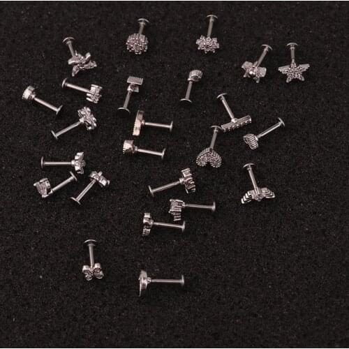 New Zircon Labret Stud Lip Nail Fashion Flower Ear Stainless Steel Piercing Jewelry Body Jewelery 16G Hiphop Rock Moon Heart