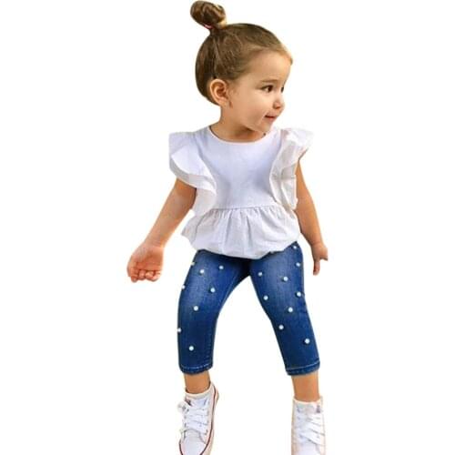 Toddler Kids Baby Girls Outfits Solid T-shirt Tops+Pearl Denim Pants Jeans Set fashion vetement enfant fille for drop shipping