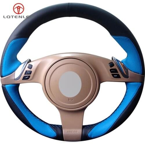 LQTENLEO Blue Black Leather Steering Wheel Cover For Porsche Cayenne 2010-2014 Panamera Cayman 2010-2016 911 Boxster 2009-2015