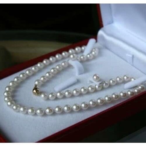 Wholesale good New 8MM White Akoya shell Pearl Necklace Earring Set 18inch real Women Fine for lady jewelry