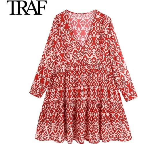 TRAF Za Vintage Dress Summer Womens Clothing French Fashion Print Loose Dress Red Boho Ladies Mini Dresses