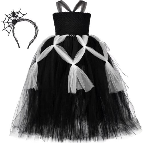 Spider Web Witch Tutu Dress for Girls Halloween Cosplay Zombie Witch Costume for Kids Girl Black Tulle Carnival Party Dresses