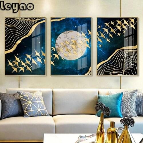 Full Diamond Embroidery Abstract Moon Wall Art Diamond Painting Golden Mountain Birds Triptych Wall Pictures for Room Home Decor