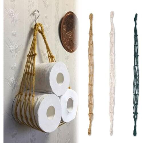 Foldable Portable Hand-Woven Roll Paper Holder Storage String Bag Boho Style Hanging Cotton Rope Mesh Pocket for Toilet Bathroom