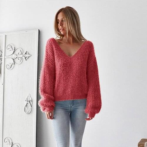 AECU Women Sweater Sexy V Neck Long Sleeve Backless Knitted Pullover Female Loose Casual Jumper Top For Women Pull Femme Hiver