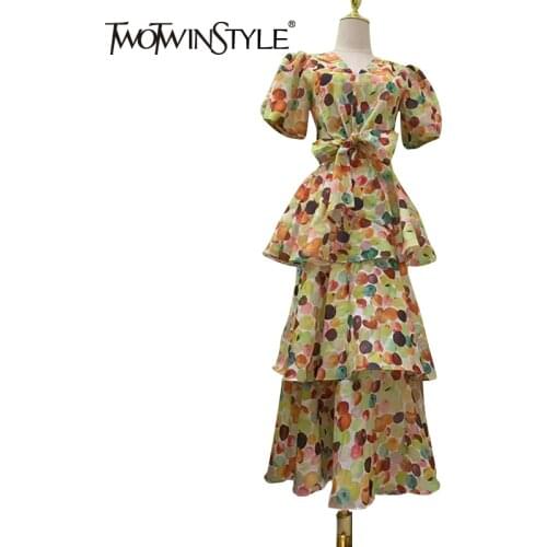 TWOTWINSTYLE Casual Two Piece Set For Women V Neck Short Sleeve Bowknot Top High Waist A Line Midi Skirts Loose Sets Female 2021