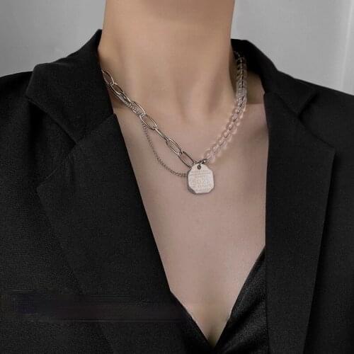 U-Magical Asymmetric Transparent Beaded Irregular Metal Letter Pendant Necklace for Women Chunky Chain Necklace Jewellery