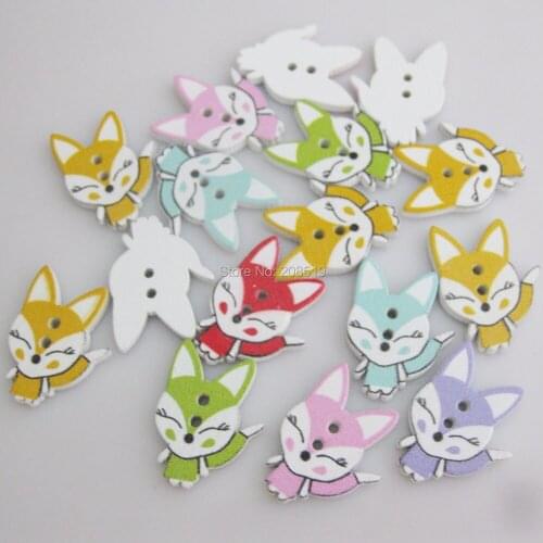 WBNKEL Animal Fox shape wood printed sewing button mix 200pcs paper craft ornament DIY kids clothes buttons