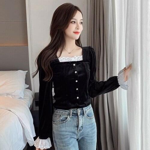 Women Velvet Lace Blouse Shirt Top Ruffle Retro Puff Sleeve Lolita Gothic
