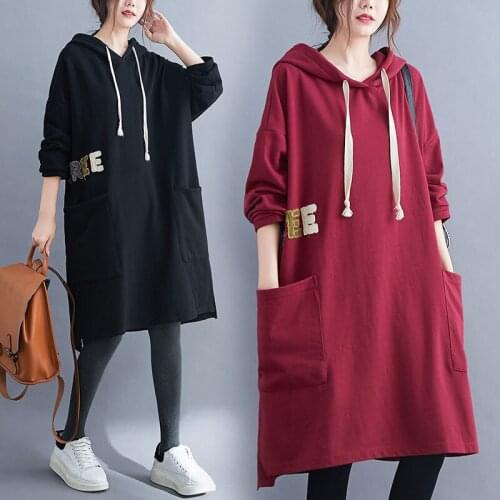 Plus Size Womens Autumn Clothing Leisure Fashion Sweatshirt Dress Female Letter Embroidery Loose Hooded Long-sleeved Dress y038
