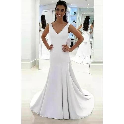 Elegant Long Mermaid V-Neck Wedding Dresses Floor Length Lace Up Back Satin Abendkleider Maxi Bridal Gowns for Women