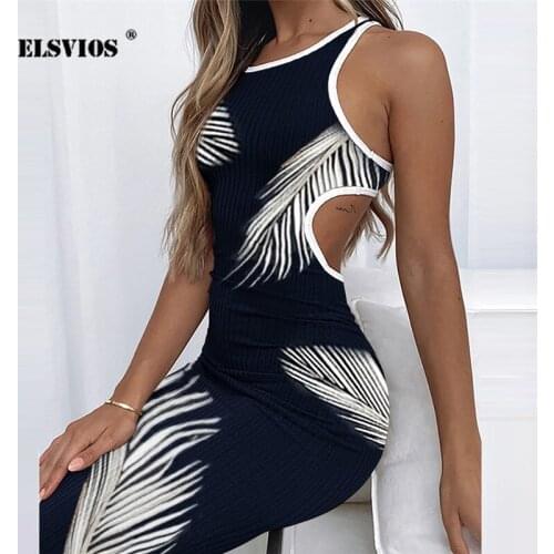 Lady Elegant Print High Waist Midi Dress Sexy Backless Hollow Out Dress Women 2021 Summer Fashion Slim Sleeveless Beach Vestidos