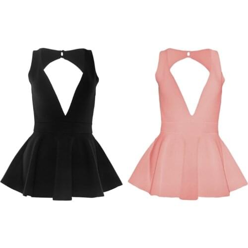 Women Sleeveless Sexy Plunge Deep V-Neck Backless Bodysuit Mini Dress Pleated Flared Hem Skirt Shorts Jumpsuit Clubwear