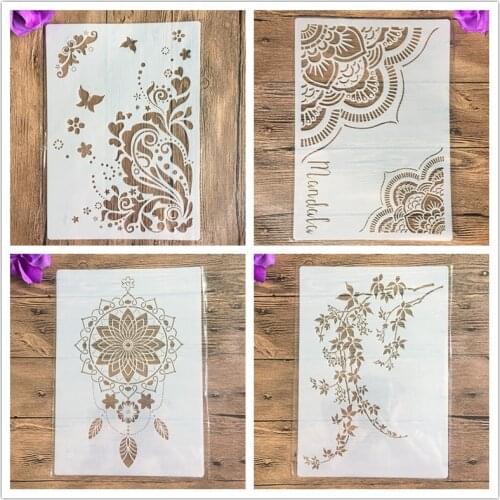 4pcs/set A4 Flowers Mandala Stencils Painting Coloring Embossing Scrapbook Album Decorative Template cake stencil