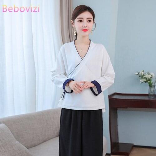 White Blue Cotton Linen Chinese Traditional Hanfu Blouse Tops for Women Cosplay Ancient Chinese Costume Song Dynasty Clothes