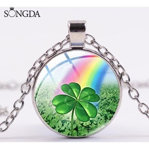 Shamrock Lucky Clover Pendant Necklace Four Leaf Clover Glass Cabochon Metal Necklace Real Jewelry Gifts for Women Men Friends