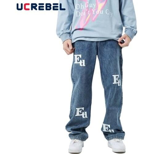 Letter Patch Embroidery Denim Pants Mens High Street Jeans Streetwear Casual Loose Straight-leg Trousers Men