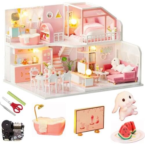 Diy Miniature Dollhouse Kit Wooden Doll House Furniture Pink Small House Model Room Box Toys For Children Adult Christmas Gifts