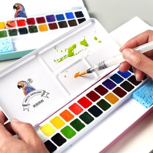 Meiliang 24 Colors Solid Watercolor Paint Set Not-toxic Paints Portable Metal Case with Palette and Art Paint Brushes