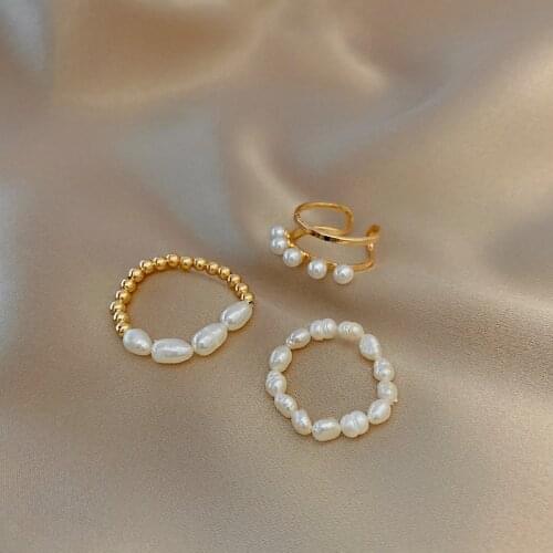 Minar 3 Pieces/Set Irregular Baroque Pearls Rings Set for Women Elegant Gold Color Beaded Adjusting Open Ring Wedding Jewelry