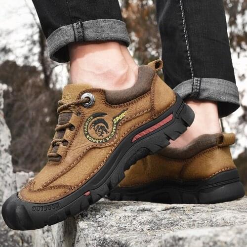 Men Outdoor Antislip Casual Sport Shoe Wild Hiking Outdoor Sneakers Lace-up Leather comfortable Sneakers Fishing Walking Shoe