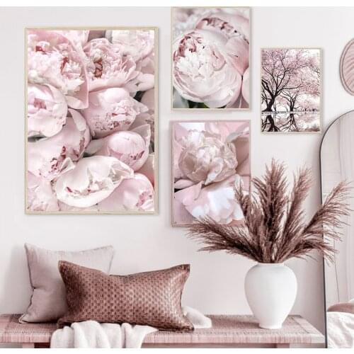 Pink Peony Cherry Blossoms Rose Flower Nordic Posters And Prints Wall Art Canvas Painting Wall Pictures For Living Room Decor