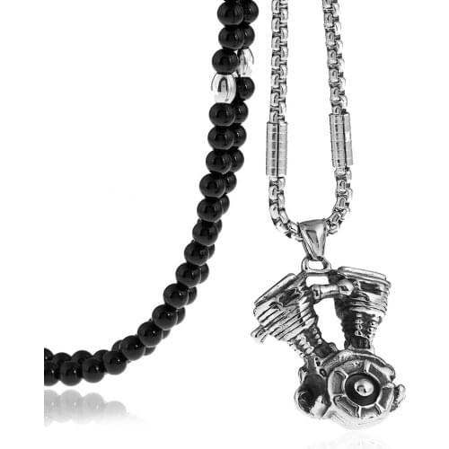 Stainless Steel Motorcycle Engine Pendant Necklace with Black Natural Stone Beaded Necklace 27inches