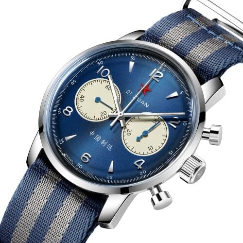 SEAKOSS Luxury Men Pilot Watch Seagull Movement 1963 Blue 42mm Sapphire Nylon Mechanical Chronograph Watches with Swan-neck 2020