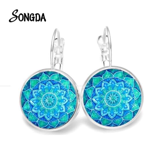 Blue Mandala Print Art Earring Henna Yoga Spiritual Meditation Bronze Plated Earrings Vintage Flowers Elegant Female Gift