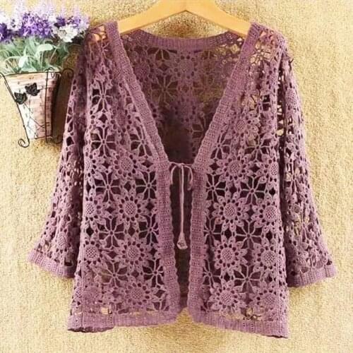 Hollow Out Floral Knitted Cotton Conditioning Cardigan Women Summer Sexy V-Neck Sunscreen Cardigan Female Loose Coat RE2010