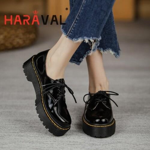 HARAVAL Women Pumps Shoes Thick Bottom Black Red Genuine Leather Round Toe Solid Office & Career Waterproof Platform Shoes A323