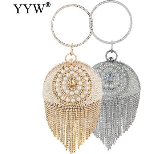 Evening Bag Party Tassels Women Clutch Bag Circular Ring Wristlets Clutch Plastic Pearl Rhinestone For Wedding Party Hand Bags