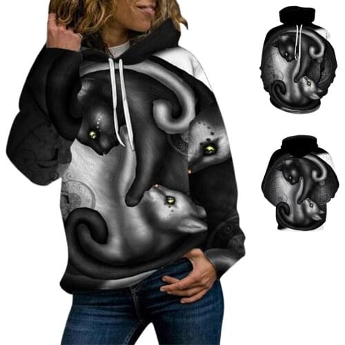 Womens Hoodie comfortable and warm Cat Pattern 3D Digital Printing Sweater oversized sweatshirt Black and white cat print F4